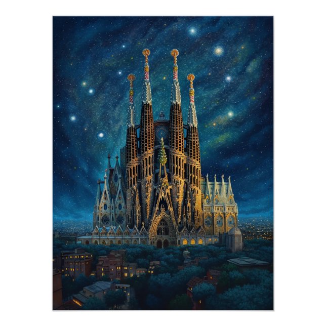 Poster Nuit étoilée sur Sagrada Familia Barcelona (Devant)