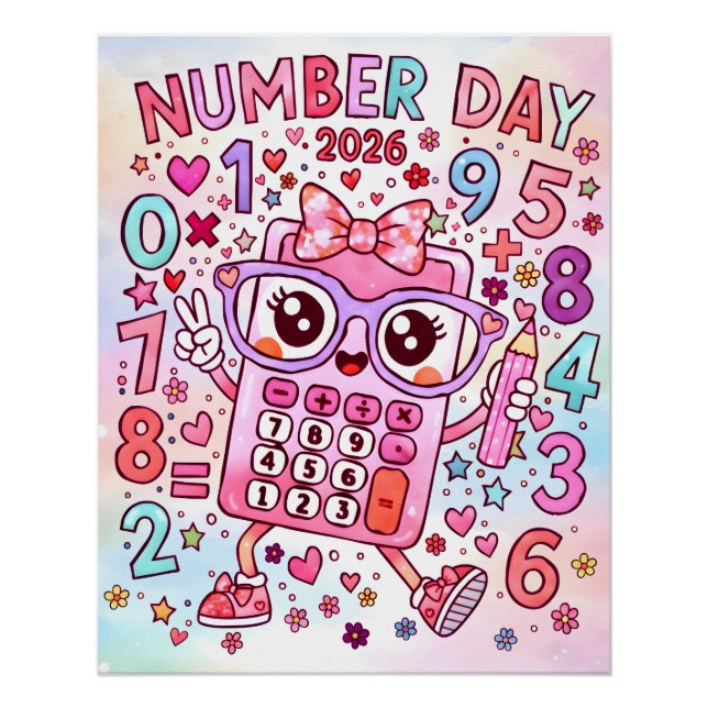 Poster Number Day 2026 Cute Pink Calculator Math Design (Devant)