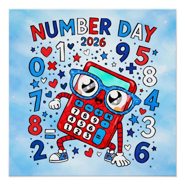 Poster Number Day 2026 Red Calculator Math Design (Devant)