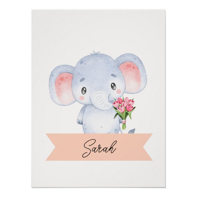 Poster Nursery pour éléphant mignon personnalisé (Devant)