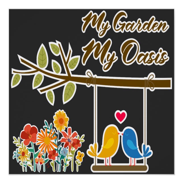 Poster Oasis de jardin Oiseaux mignons sur balançoire Art (Devant)