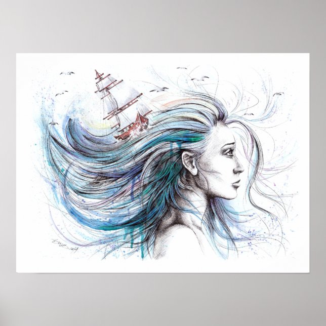 Poster Océane fille Nautique Surreal Peinture art (Devant)