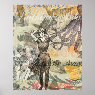 Poster Octopus Beach Antique Côte Steampunk