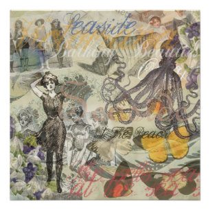 Poster Octopus Beach Antique Côte Steampunk