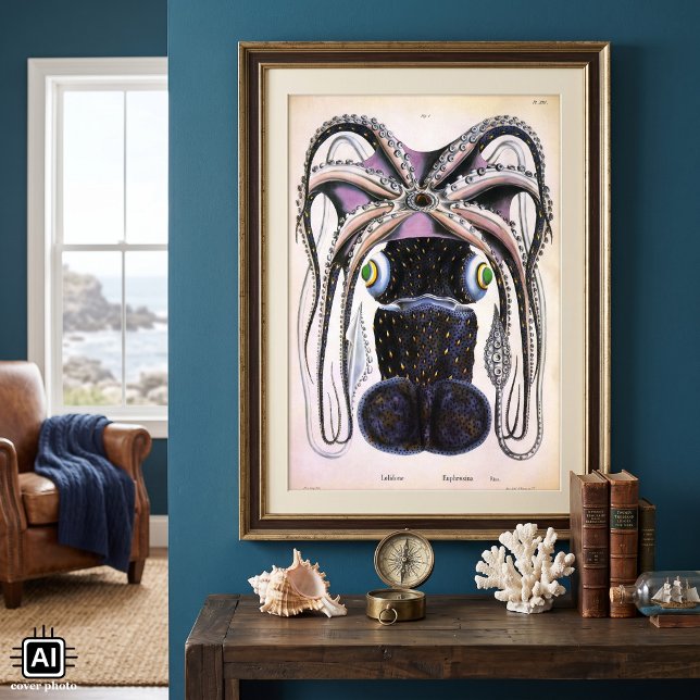 Poster Octopus ou calmar géant vintage, animal marin (Vintage illustration marine life image featuring a giant octopus.)