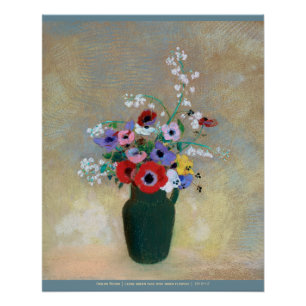 Poster Odlion Redon Grand vase vert avec fleurs mixtes