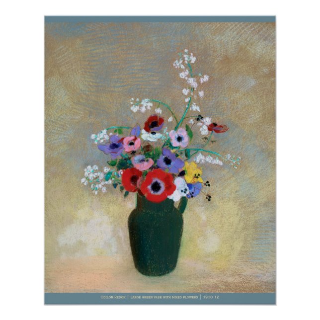 Poster Odlion Redon Grand vase vert avec fleurs mixtes (Devant)