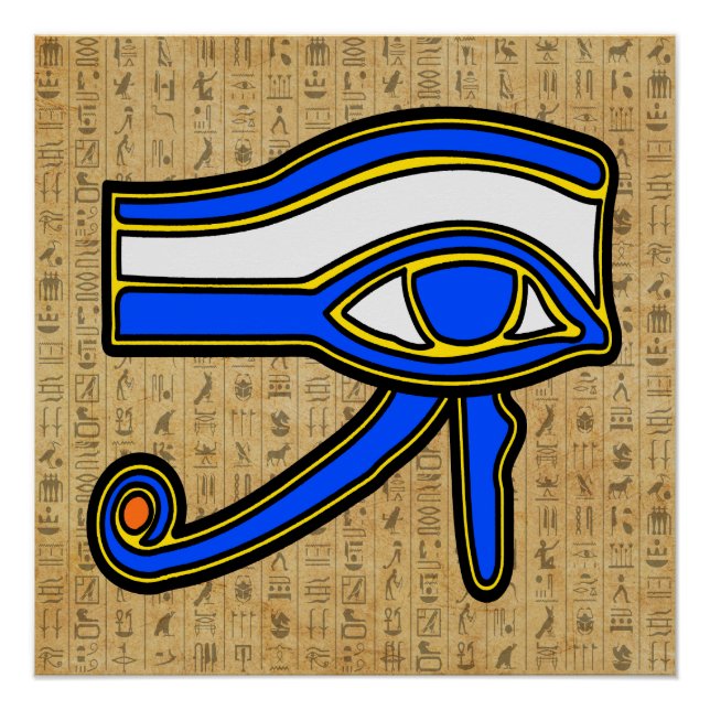 Poster Oeil de Horus Bleu Sur Hiéroglyphes (Devant)