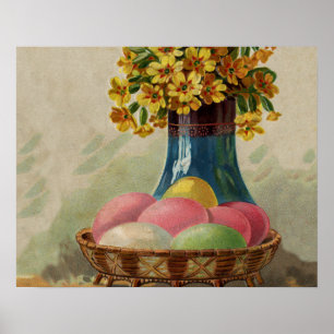 Poster Oeufs Pâques Panier Fleurs Antique