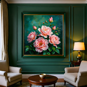 Poster Œuvre d'art sur pivoines roses sur fond vert émera
