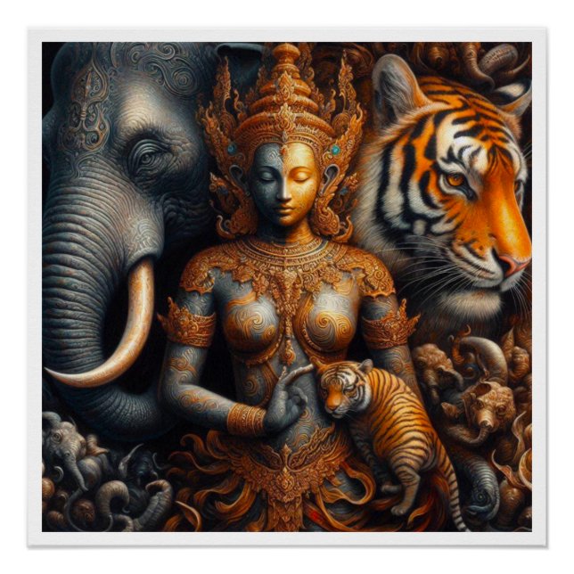 Poster oeuvre d'esprit éléphant tigre (Devant)