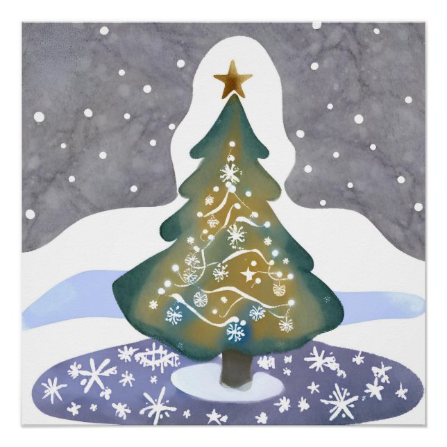 Poster Oh Sapin de Noël | Peinture d'hiver à l'aquarelle (Devant)