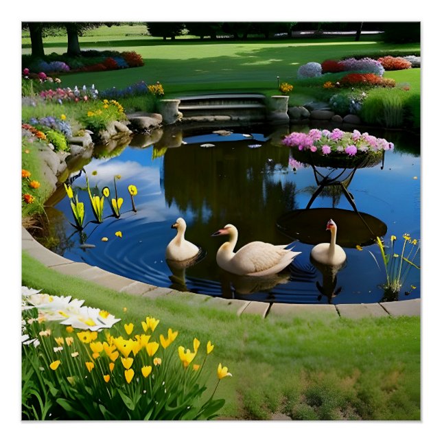 Poster Oies dans l'étang avec fleurs et herbe (Devant)