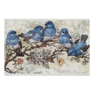 Poster Oiseau bleu à la Branche Papillon Vintage Nature A