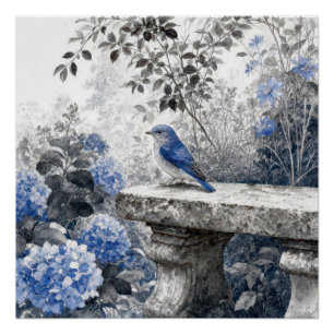 Poster Oiseau Bleu au Lavis d'Encre sur un Banc de Jardin