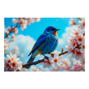 Poster Oiseau bleu azur sur branche de fleurs de cerisier