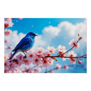 Poster Oiseau bleu sur branche de fleurs de cerisier