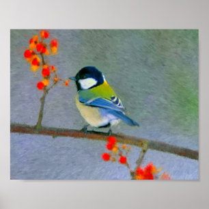 Poster Oiseau coloré aux fleurs rouges/orangées