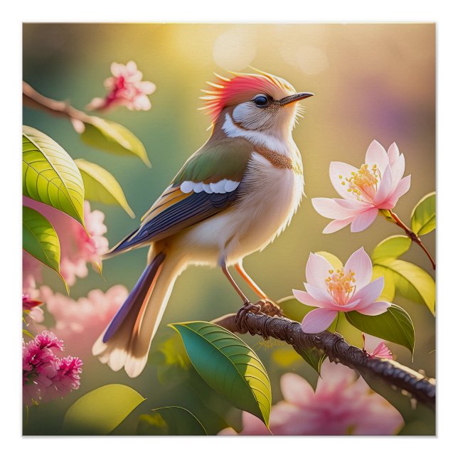 Poster Oiseau de Paruline Imaginaire à tête rouge (Devant)