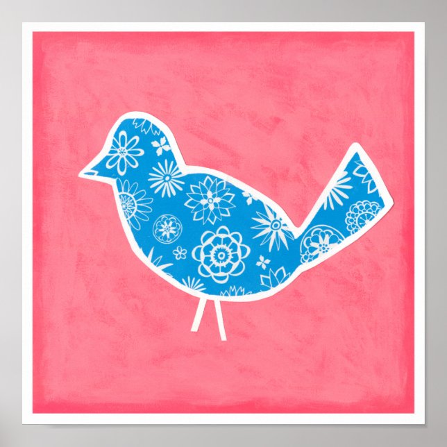 Poster Oiseau décoratif avec motifs sur fond rose (Devant)