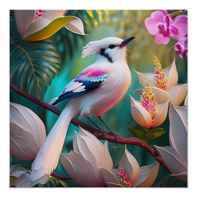Poster Oiseau d'Imaginaire tacheté blanc crêpé (Devant)