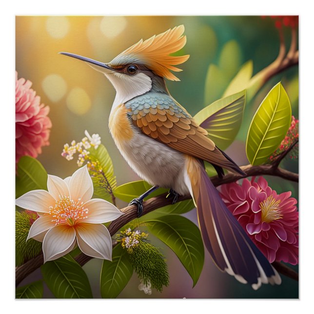 Poster Oiseau Fantastique à Crête Dorée (Devant)