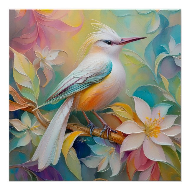 Poster Oiseau Fantastique à Dos Doré Touffu (Devant)