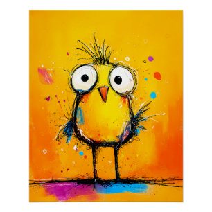 Poster Oiseau jaune bizarre avec de grands yeux style des