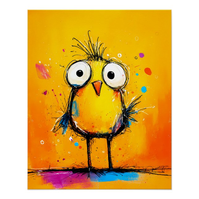 Poster Oiseau jaune bizarre avec de grands yeux style des (Devant)