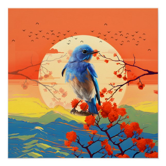 Poster Oiseau Naturel Japonais Moderne Dans Un Paysage Fl (Devant)