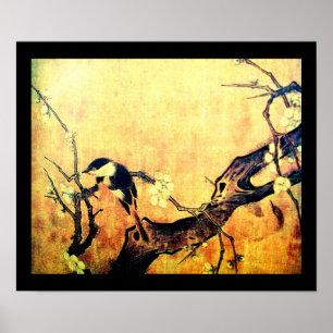 Poster OISEAU PRINTANIER ET ARBRE FLEURI Jaune Brun Noir