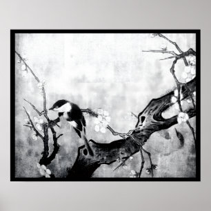 Poster OISEAU PRINTANIER ET ARBRE FLEURI Noir Blanc Gris