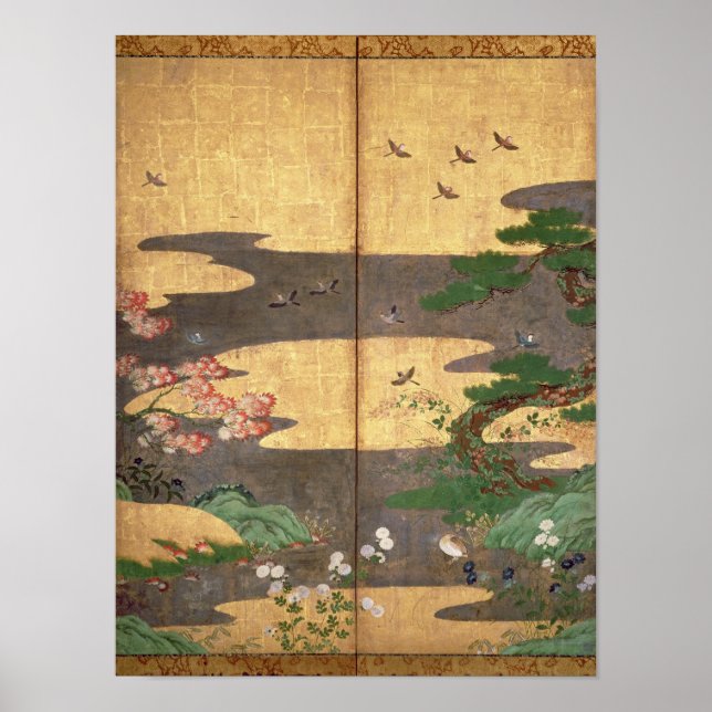Poster Oiseaux aux fleurs d'automne et d'hiver (Devant)