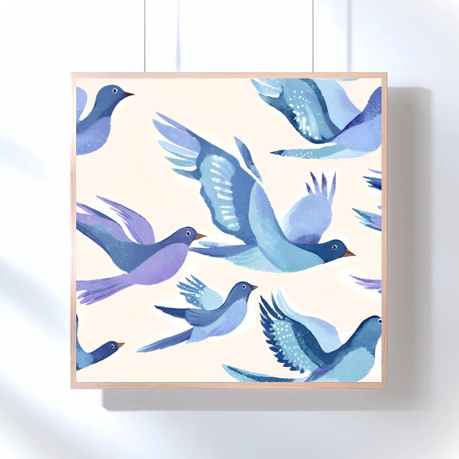 Poster Oiseaux bleus en vol | Aquarelle moderne (Créateur téléchargé)