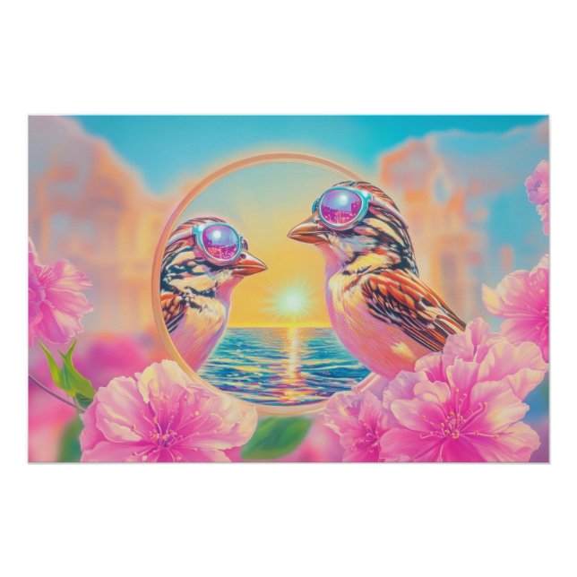 Poster Oiseaux cool avec lunettes de soleil au coucher du (Devant)