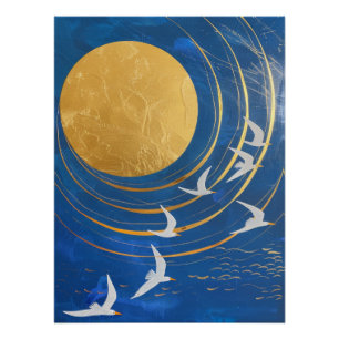 Poster Oiseaux de la Lune dorée Peinture céleste