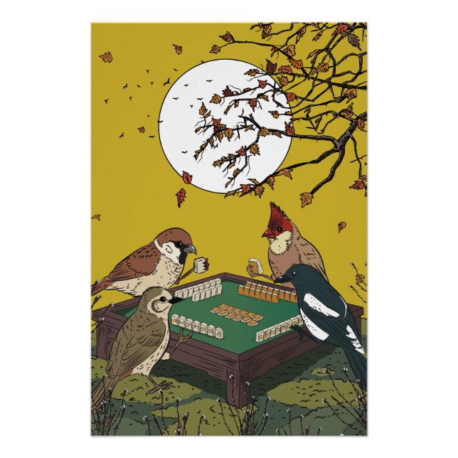 Poster Oiseaux de Mahjong jouant au jeu  (Devant)