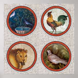 POSTER OISEAUX DE MOSAÏQUES ROMAINES ANTIQUE, ROOSTER ET 