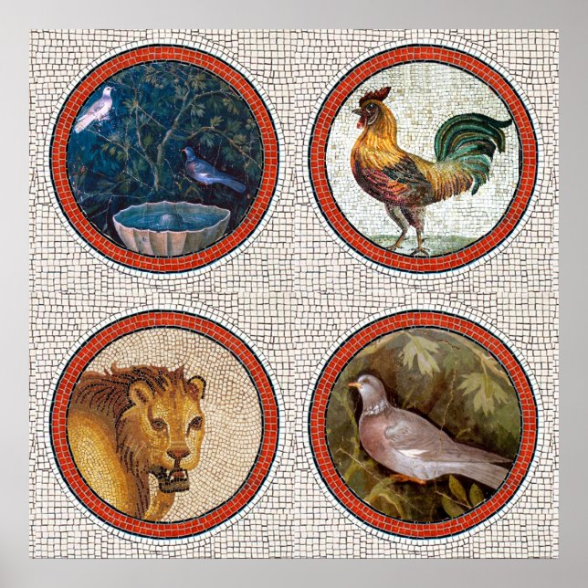 POSTER OISEAUX DE MOSAÏQUES ROMAINES ANTIQUE, ROOSTER ET  (Devant)