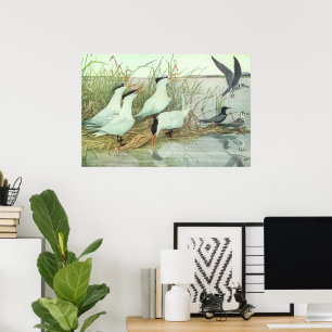 Poster Oiseaux de rivage vintage dans un marais par Louis