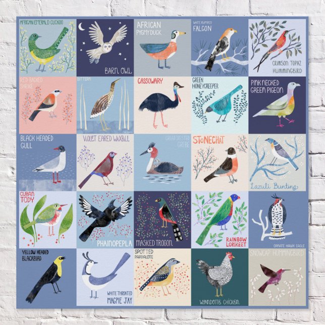 Poster Oiseaux du monde entier en aquarelle (Birds Around the World fun and quirky watercolor bird art with hand lettered names poster)