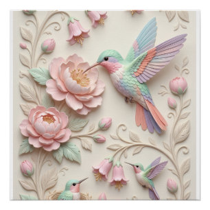 Poster Oiseaux et fleurs sculptés rose tendre motif peluc