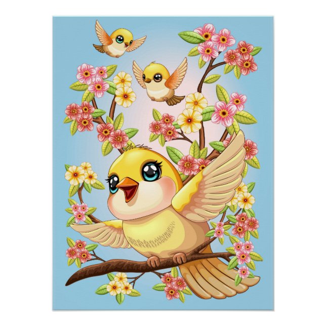 Poster Oiseaux mignons et heureux parmi les fleurs du pri (Devant)