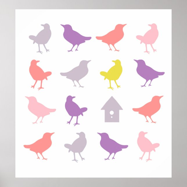 Poster Oiseaux pastel rose et violet avec nichoir (Devant)