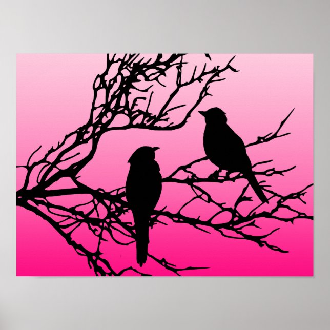 Poster Oiseaux sur une branche, noirs sur fond rose aube (Devant)