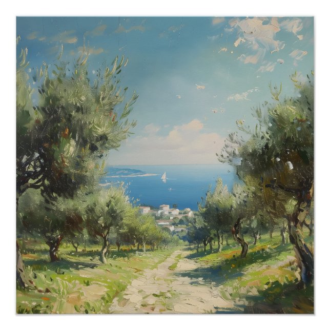 Poster Oliveraie avec village côtier et mer (Devant)