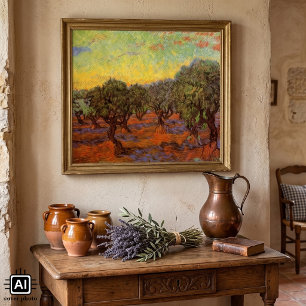 Poster Oliveraie, ciel orange par Vincent van Gogh