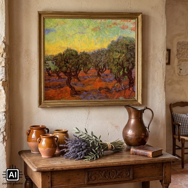 Poster Oliveraie, ciel orange par Vincent van Gogh (Olive Grove, Orange Sky by Vincent van Gogh is a vintage post impressionism landscape painting.)