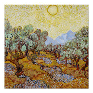 Poster Oliviers avec ciel jaune et soleil