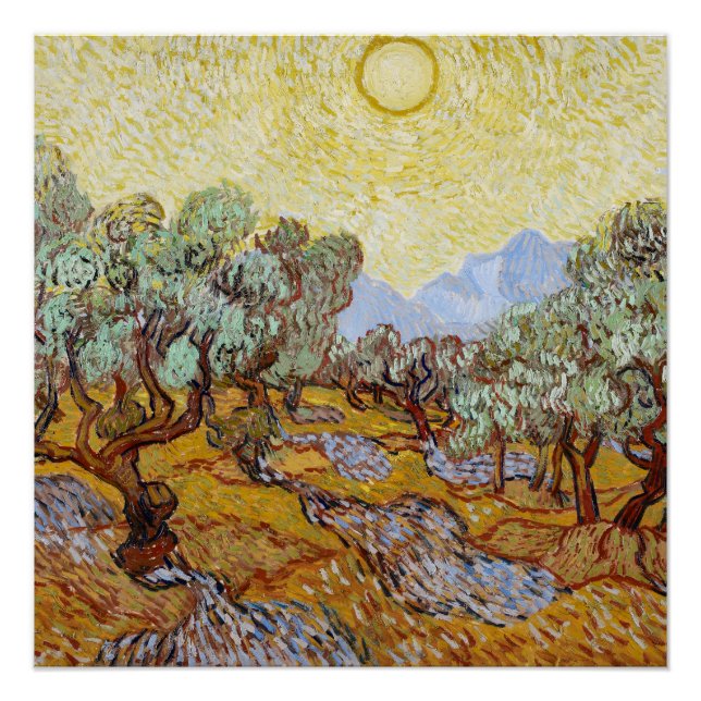 Poster Oliviers avec ciel jaune et soleil  (Devant)